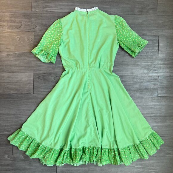 Vintage Handmade Green Floral Ruffle Bodice Mock Neck Midi Prairie Dress Size M - Picture 4 of 8